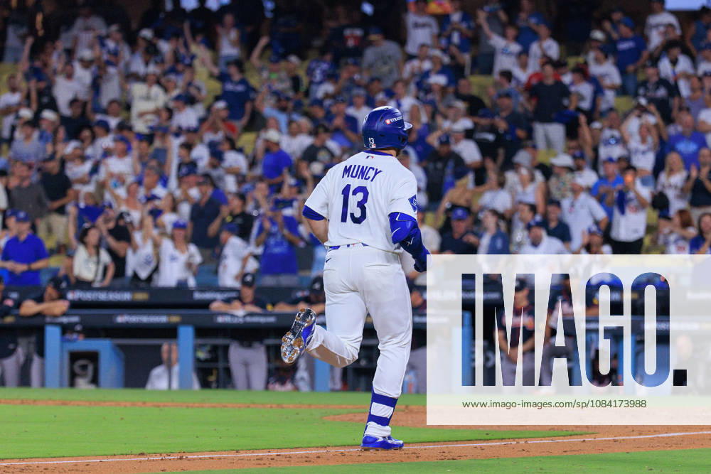 Max Muncy 13 of the Los Angeles Dodgers rounds the bases after hitting a solo home urn in the 9th inning during NLDS Game 2 against the Atlanta Braves on Sunday October 4, 2026 at Dodger Stadium in Los Angeles, California. Dodgers lose to Braves, 2-3. JAVIER ROJAS PI Dodgers Vs. Braves NLDS - Game 2 - ZUMAp124 20261004_zaa_p124_029