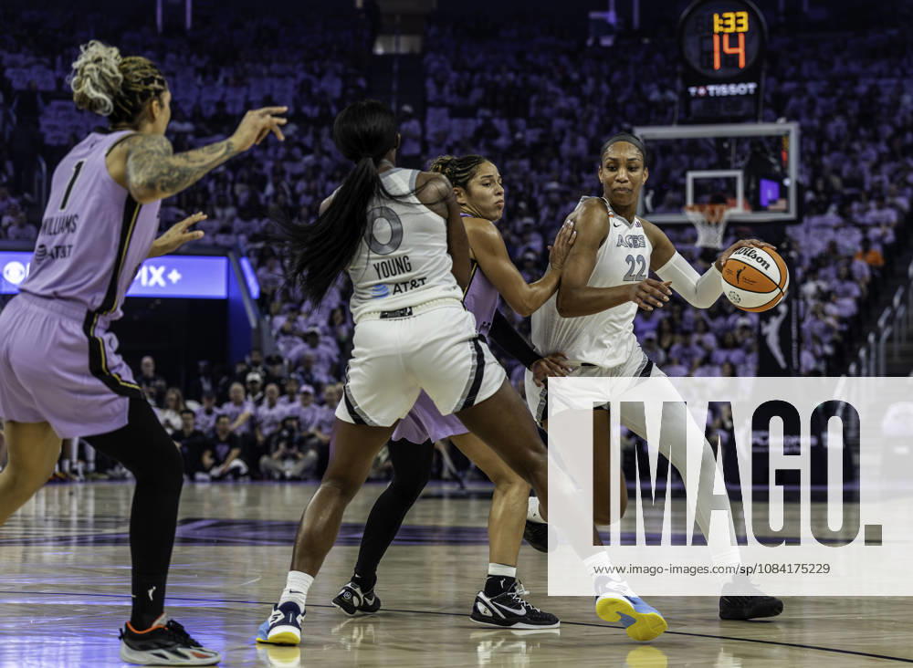 OCT 04 2026 San Francisco, CA U.S.A. Las Vegas Aces center A ja Wilson (22)goes to the basket during the WNBA, Basketball Damen, USA semifinals playoff game 1 western conference between the Las Vegas Aces and the Golden State Valkyries at the Chase Centers. CSM San Francisco USA - ZUMAc04_ 20261004_zma_c04_366