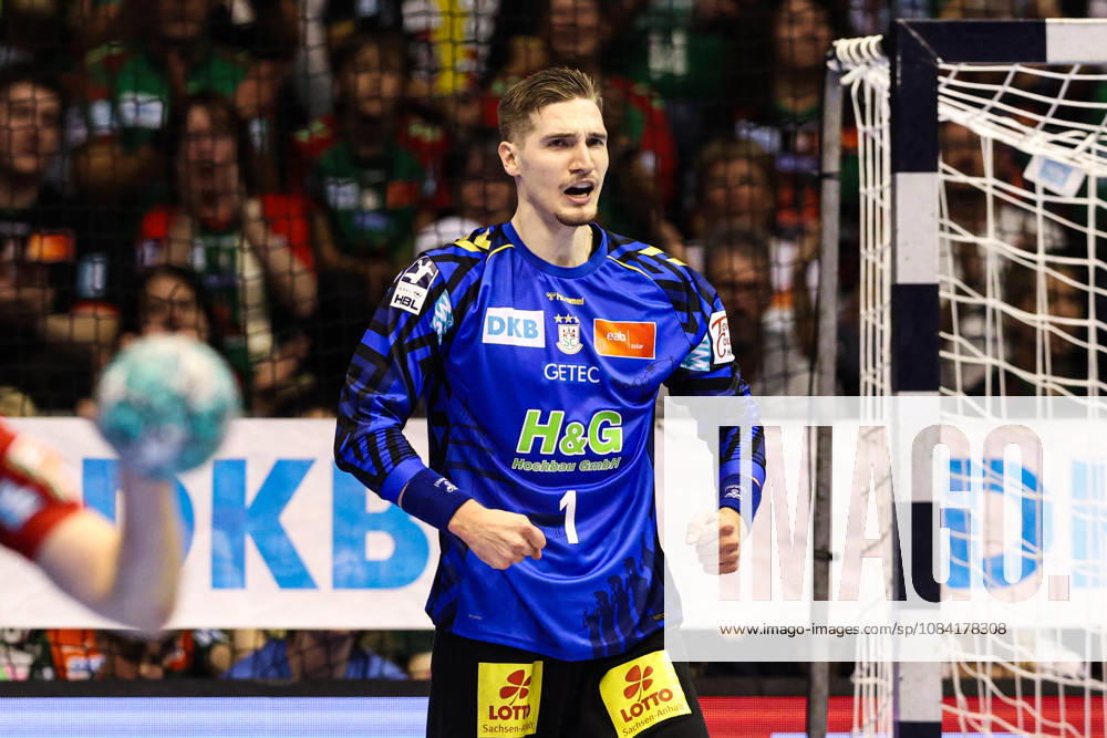 Goalkeeper Dominik Kuzmanovic, SC Magdeburg, 1st Handball Bundesliga, 2026–2027 season, SC Magdeburg vs. HC Erlangen at the GETEC Arena in Magdeburg; single frame, action, handball, Germany