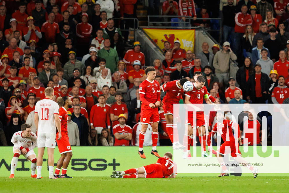 4th October 2026; Cardiff City Stadium, Cardiff, Wales; UEFA Nations League Football, Wales versus Denmark; Wales defends Denmark& x2019;s free kick AmandaxMcMaster