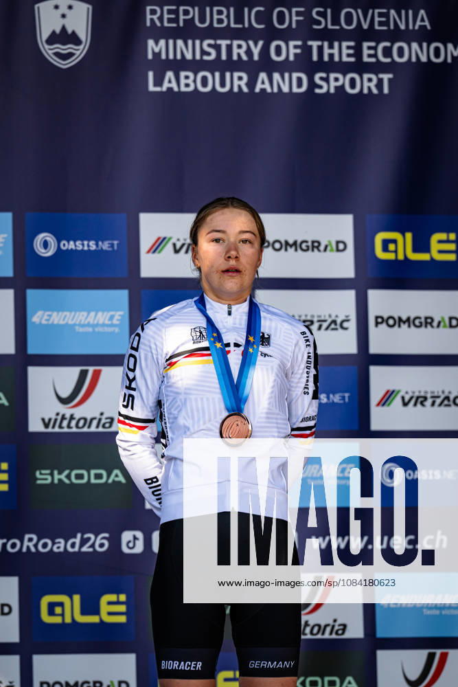 DWORATZEK Klara UEC Road Cycling European Championships Ljubljana 2026 DWORATZEK Klara GER Germany Third Place Award Ceremony Medal Ceremony Podium Portrait Orientation Vertical Portrait Event UEC Road Cycling European Championships 2026 Ljubljana Category Cycling Road Cycling European Championships Road Race Junior Women U19 Location Europe Slovenia Sencur Å enÄ u008Dur Discipline Road Race RR Distance 66.3 km Date October 4, 2026 Sunday Day 3