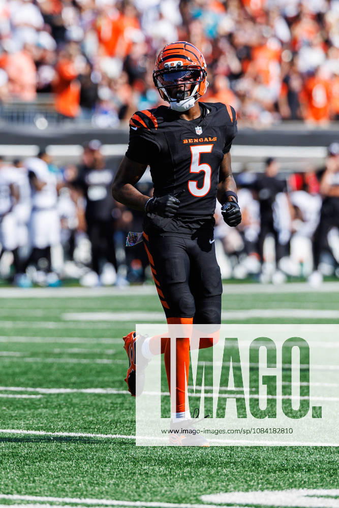 Oct 4, 2026; Cincinnati, OH, USA; Cincinnati Bengals wide receiver Tee Higgins (5) during NFL, American Football Herren, USA game action against the Jacksonville Jaguars at Paycor Stadium. Mandatory Credit: -Cal Media - ZUMAc04_ 20261004_zma_c04_589