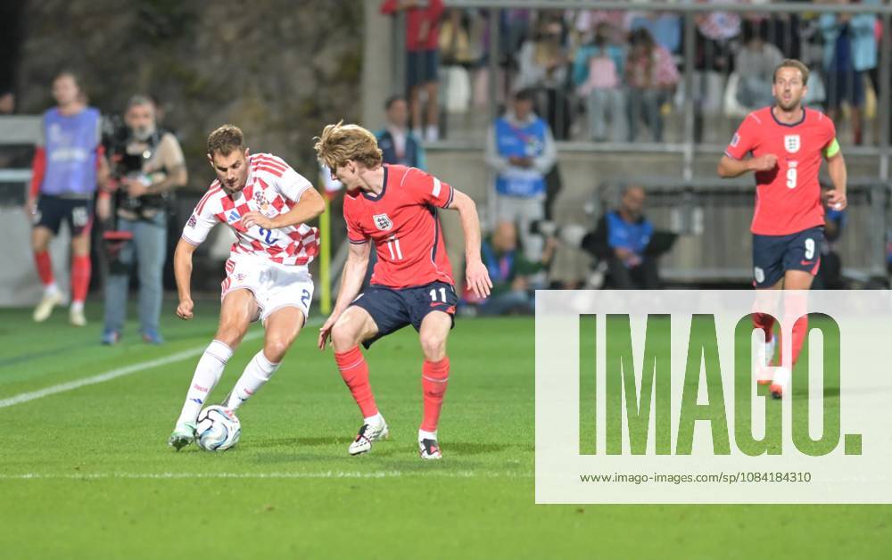 UEFA Nations League League A, Group C, Round 3, 2026–27, soccer match between Croatia and England, Dean Sculac Rujevica Stadium, Rijeka, Croatia, October 3, 2026: Anthony Gordon (England, No. 11) competes for the ball with Josip Stanisic (Croatia, No. 2) during the UEFA Nations League League A, Group C, Round 3, 2026–27, soccer match between Croatia and England at Dean Sculac Rujevica Stadium in Rijeka, Croatia