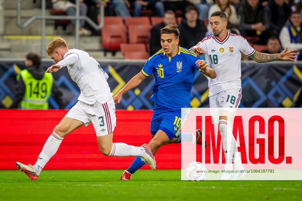 UKRAINE - HUNGARY Matvii Ponomarenko of Ukraine and Dynamo Kyiv and Mark Csinger of Hungary and Groningen, Zsolt Nagy of Hungary and Puskas Akademia during UEFA Nations League - League B - Group B2 - Matchday 4 - football match between Ukraine and Hungary. Anton Malatinsky Stadium, City Arena, Trnava, Slovakia, October 05, 2026. Photo by Branislav Racko