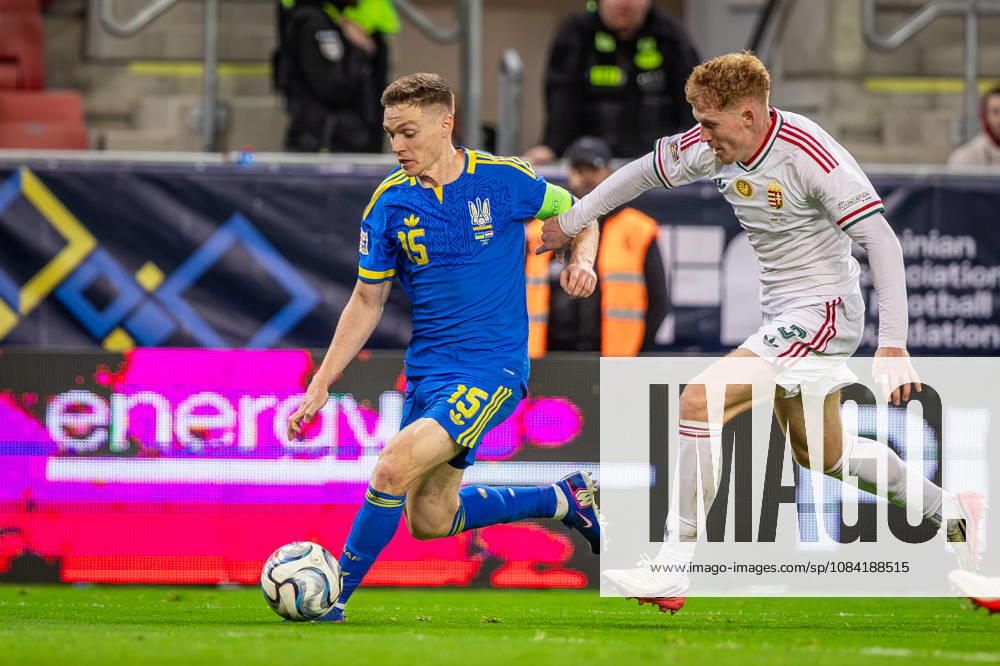 UKRAINE - HUNGARY Viktor Tsygankov of Ukraine and Ajax Amsterdam and Mark Csinger of Hungary and Groningen during UEFA Nations League - League B - Group B2 - Matchday 4 - football match between Ukraine and Hungary. Anton Malatinsky Stadium, City Arena, Trnava, Slovakia, October 05, 2026. Photo by Branislav Racko