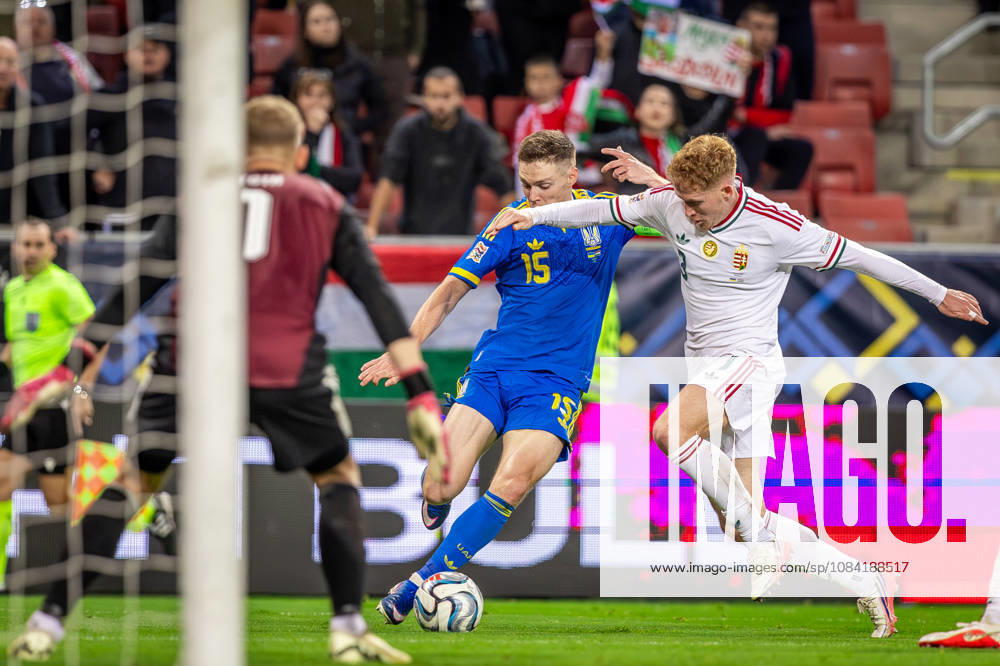 UKRAINE - HUNGARY Viktor Tsygankov of Ukraine and Ajax Amsterdam and Mark Csinger of Hungary and Groningen during UEFA Nations League - League B - Group B2 - Matchday 4 - football match between Ukraine and Hungary. Anton Malatinsky Stadium, City Arena, Trnava, Slovakia, October 05, 2026. Photo by Branislav Racko