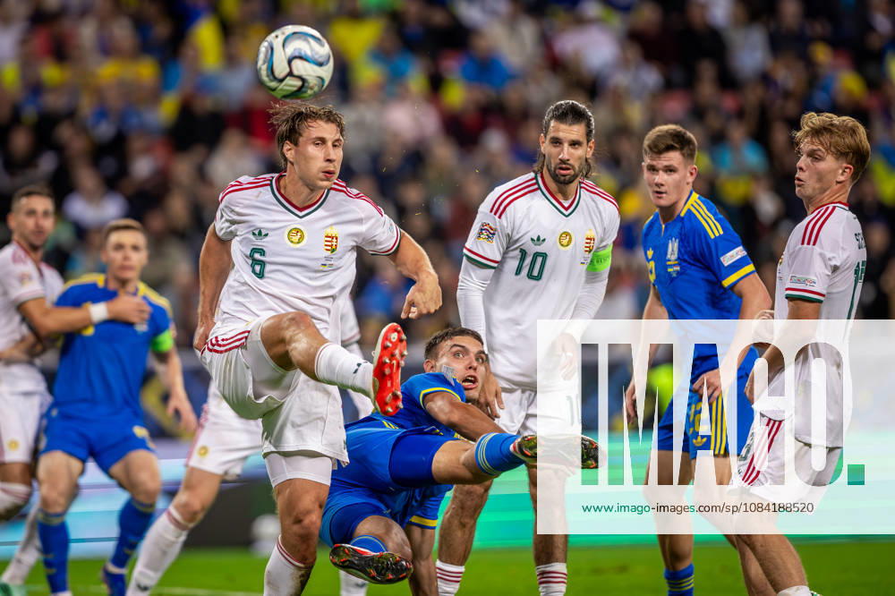UKRAINE - HUNGARY Willi Orban of Hungary and RB Leipzig and Matvii Ponomarenko of Ukraine and Dynamo Kyiv, Dominik Szoboszlai of Hungary and Liverpool during UEFA Nations League - League B - Group B2 - Matchday 4 - football match between Ukraine and Hungary. Anton Malatinsky Stadium, City Arena, Trnava, Slovakia, October 05, 2026. Photo by Branislav Racko