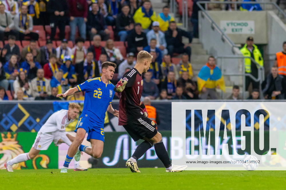Ihor Krasnopir of Ukraine and Polissya Zhytomyr and Balazs Toth of Hungary and Blackburn Rovers during UEFA Nations League League phase game between Ukraine vs Hungary (Dominika Kortvelyesiova Ball Raw Images) Trnava Antona Malatinskeho Stadium Slovakia