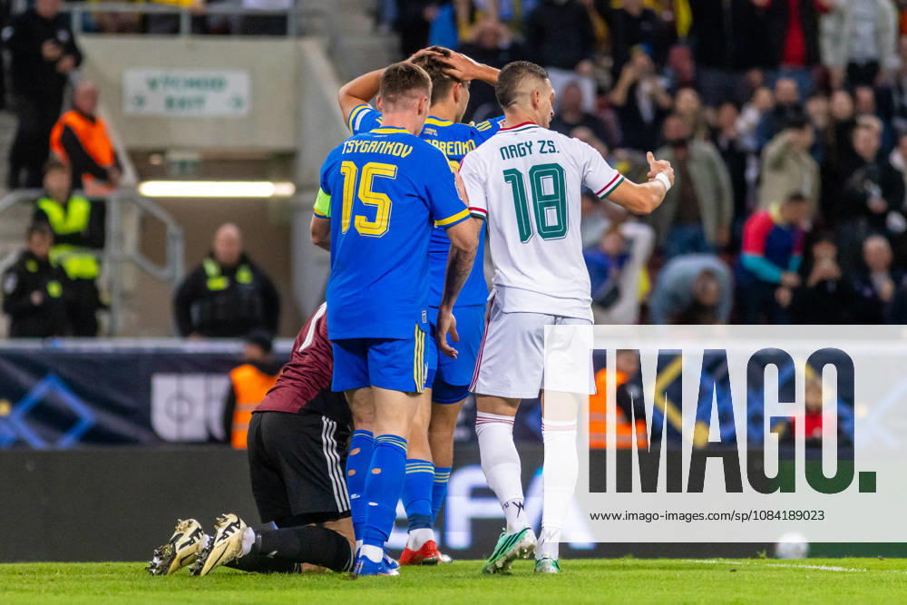 Balazs Toth of Hungary and Blackburn Rovers, Viktor Tsygankov of Ukraine and Ajax Amsterdam and Zsolt Nagy of Hungary and Puskas Akademia during UEFA Nations League League phase game between Ukraine vs Hungary (Dominika Kortvelyesiova Ball Raw Images) Trnava Antona Malatinskeho Stadium Slovakia