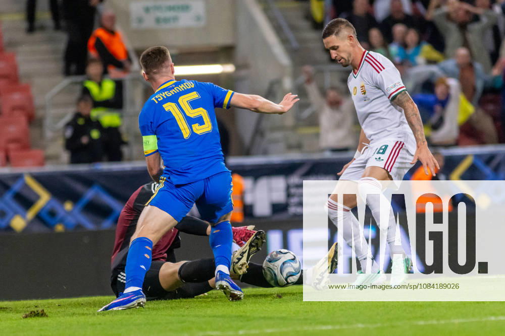 Balazs Toth of Hungary and Blackburn Rovers, Viktor Tsygankov of Ukraine and Ajax Amsterdam and Zsolt Nagy of Hungary and Puskas Akademia during UEFA Nations League League phase game between Ukraine vs Hungary (Dominika Kortvelyesiova Ball Raw Images) Trnava Antona Malatinskeho Stadium Slovakia