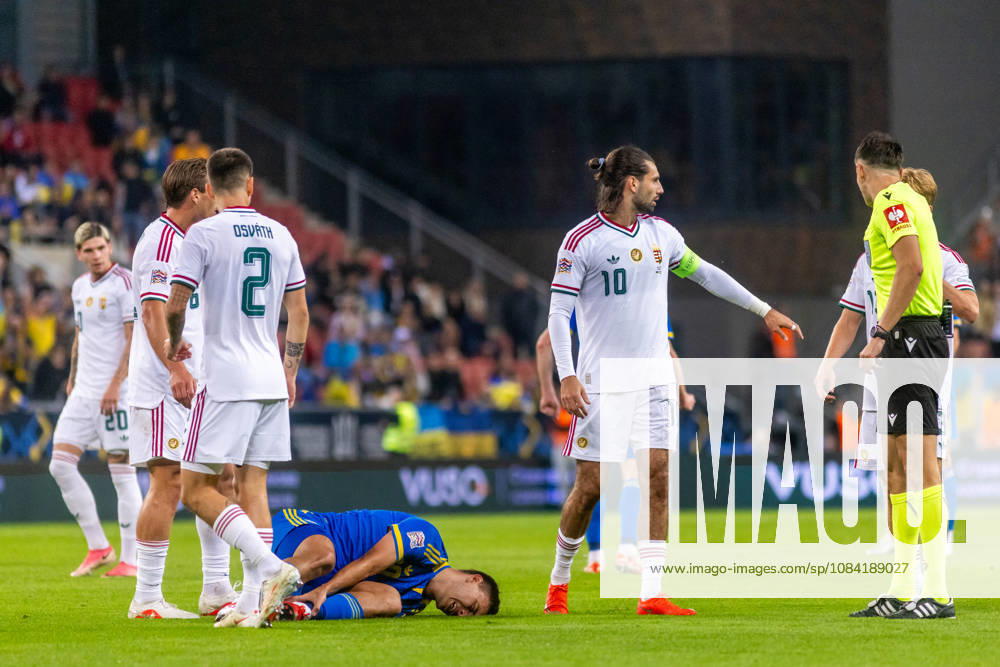 Attila Osvath of Hungary and Ferencvaros and Dominik Szoboszlai of Hungary and Liverpool during UEFA Nations League League phase game between Ukraine vs Hungary (Dominika Kortvelyesiova Ball Raw Images) Trnava Antona Malatinskeho Stadium Slovakia