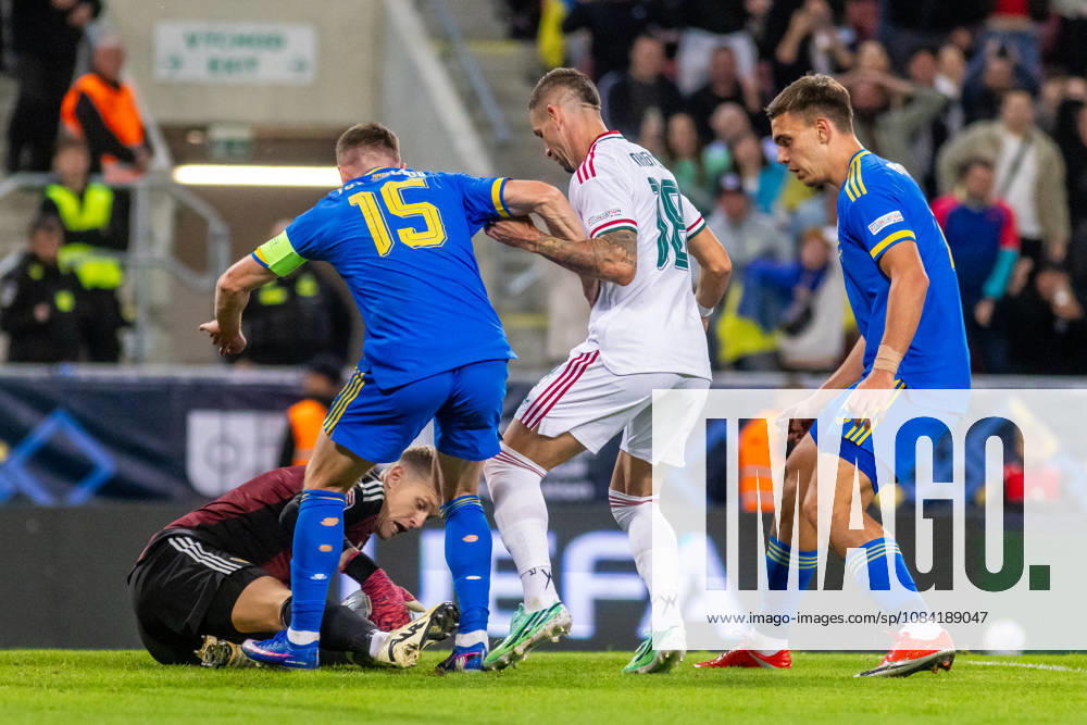 Balazs Toth of Hungary and Blackburn Rovers, Viktor Tsygankov of Ukraine and Ajax Amsterdam and Zsolt Nagy of Hungary and Puskas Akademia during UEFA Nations League League phase game between Ukraine vs Hungary (Dominika Kortvelyesiova Ball Raw Images) Trnava Antona Malatinskeho Stadium Slovakia
