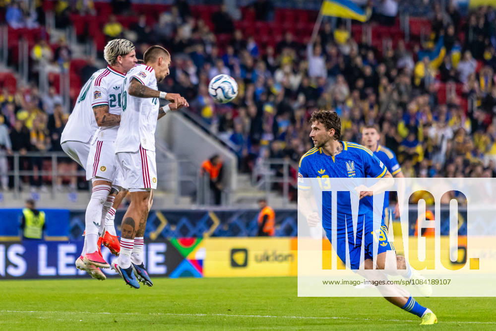 Milan Toth of Hungary and Vasas, Daniel Lukacs of Hungary and Puskas Akademia and Illia Zabarnyi of Ukraine and Paris Saint Germain during UEFA Nations League League phase game between Ukraine vs Hungary (Dominika Kortvelyesiova Ball Raw Images) Trnava Antona Malatinskeho Stadium Slovakia
