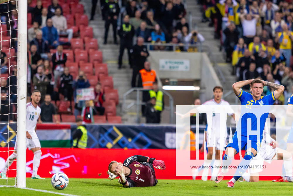 Balazs Toth of Hungary and Blackburn Rovers and Vladyslav Veleten of Ukraine and Polissya Zhytomyr during UEFA Nations League League phase game between Ukraine vs Hungary (Dominika Kortvelyesiova Ball Raw Images) Trnava Antona Malatinskeho Stadium Slovakia