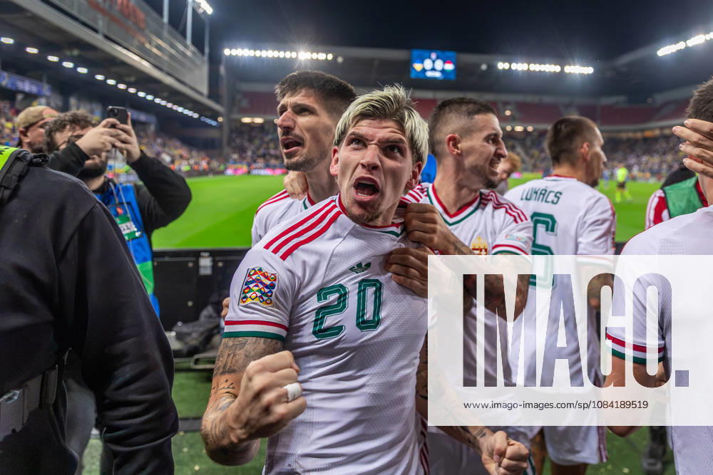 UKRAINE - HUNGARY Milan Toth of Hungary and Vasas celebrates a goal with the fans during UEFA Nations League - League B - Group B2 - Matchday 4 - football match between Ukraine and Hungary. Anton Malatinsky Stadium, City Arena, Trnava, Slovakia, October 05, 2026. Photo by Branislav Racko