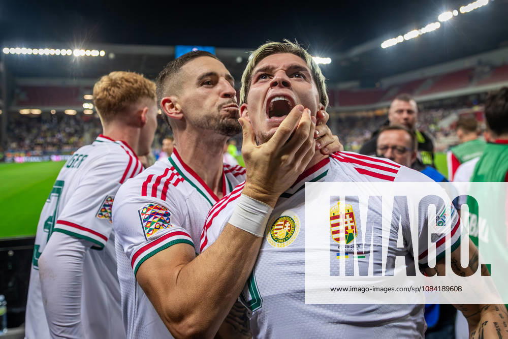 UKRAINE - HUNGARY Milan Toth of Hungary and Vasas celebrates a goal with the fans during UEFA Nations League - League B - Group B2 - Matchday 4 - football match between Ukraine and Hungary. Anton Malatinsky Stadium, City Arena, Trnava, Slovakia, October 05, 2026. Photo by Branislav Racko