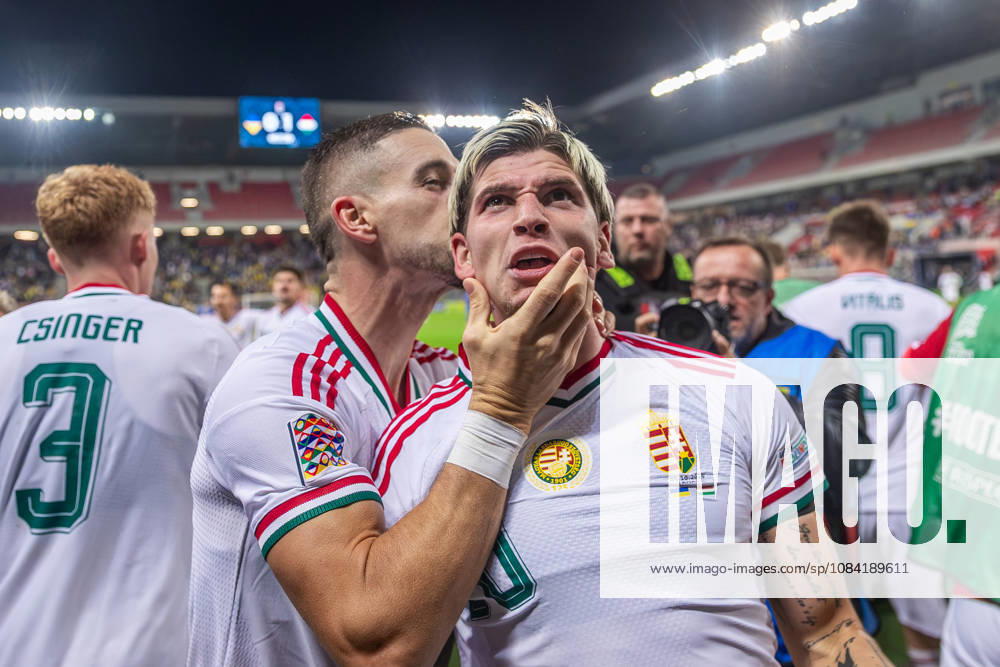 UKRAINE - HUNGARY Milan Toth of Hungary and Vasas celebrates a goal with the fans during UEFA Nations League - League B - Group B2 - Matchday 4 - football match between Ukraine and Hungary. Anton Malatinsky Stadium, City Arena, Trnava, Slovakia, October 05, 2026. Photo by Branislav Racko