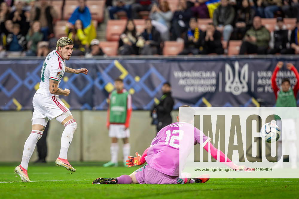 UKRAINE - HUNGARY Milan Toth of Hungary and Vasas scores a goal and Anatoliy Trubin of Ukraine and SL Benfica during UEFA Nations League - League B - Group B2 - Matchday 4 - football match between Ukraine and Hungary. Anton Malatinsky Stadium, City Arena, Trnava, Slovakia, October 05, 2026. Photo by Branislav Racko