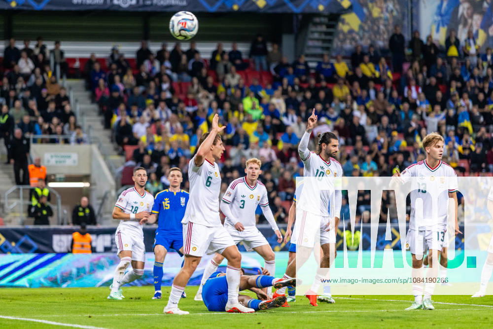 Willi Orban of Hungary and RB Leipzig, Dominik Szoboszlai of Hungary and Liverpool and Andras Schafer of Hungary and Union Berlin during UEFA Nations League League phase game between Ukraine vs Hungary (Dominika Kortvelyesiova Ball Raw Images) Trnava Antona Malatinskeho Stadium Slovakia