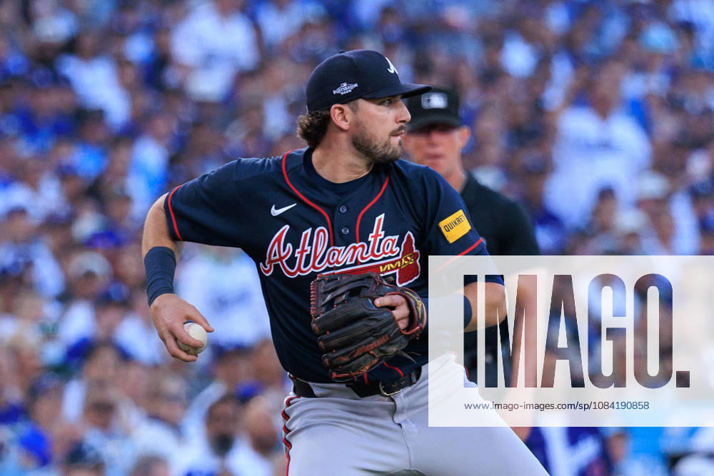 Austin Riley 27 of the Atlanta Braves looks to throw during NLDS Game 2 against the Los Angeles Dodgers on Sunday October 4, 2026 at Dodger Stadium in Los Angeles, California. Dodgers lose to Braves, 2-3. JAVIER ROJAS PI Dodgers Vs. Braves NLDS - Game 2 - ZUMAp124 20261004_zaa_p124_077