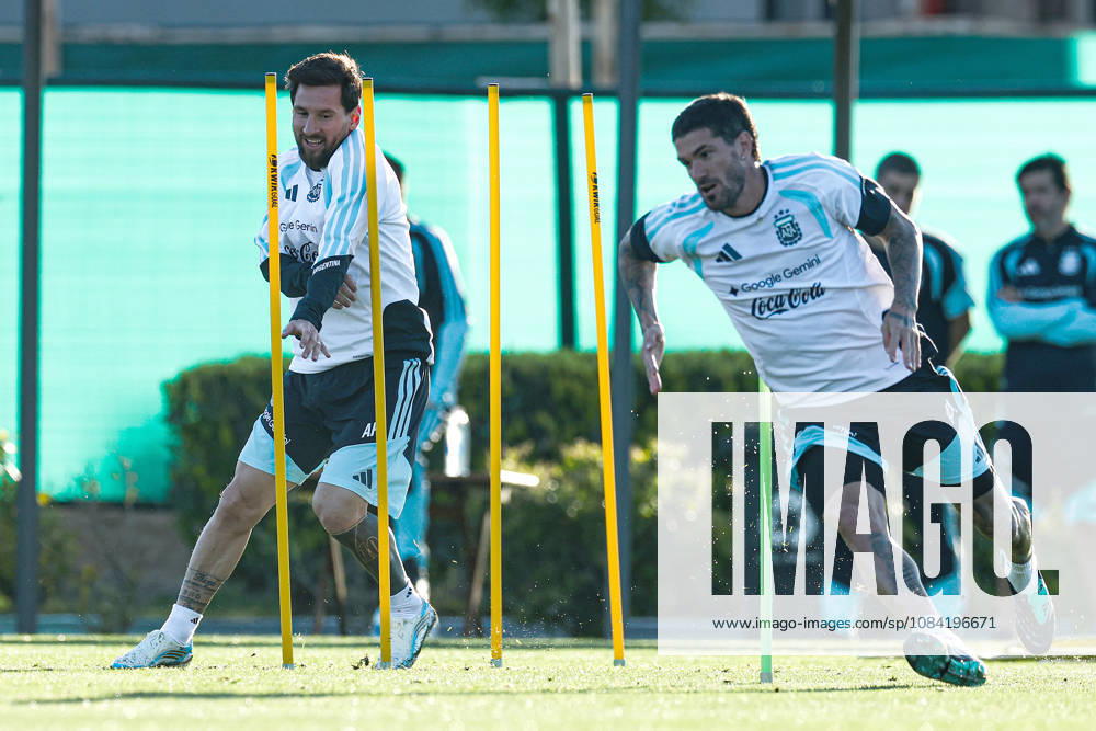Argentina’s forward Lionel Messi (L) and teammate Rodrigo De Paul take part in a training session at the AFA (Argentine Football Association) training center in Ezeiza, Buenos Aires Province, on October 5, 2026, ahead of the upcoming friendly soccer matches against the Benin national team. Lionel Messi took part in the final training session of his professional career with the Argentine national team before his farewell match. Photo by Alejandro Pagni PHOTOxPHOTO