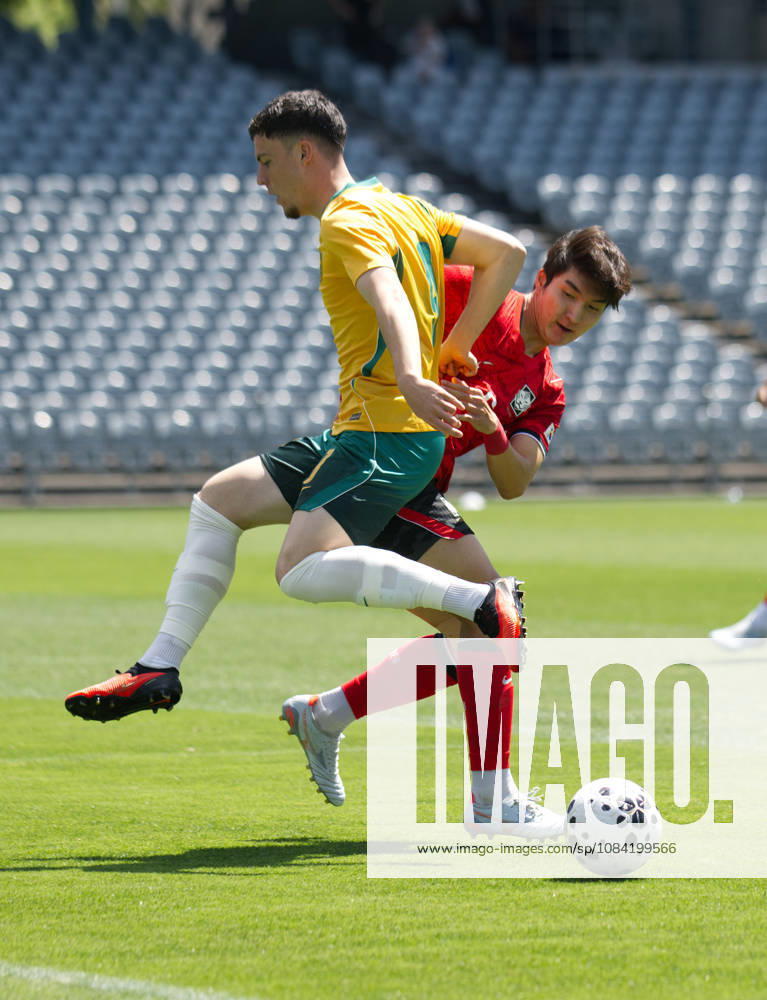 Medin Merneti (front) of Australia football team and Kwon Gimin (back) of Korea Republic football team seen in action during the U23 International Friendlies match between Australia and Korea Republic held at polytec Stadium. Final score; Australia 2:2 Korea Republic. Australia Vs Korea Republic In Gosford - 06 Oct 2026 - ZUMAs197 20261006_aaa_s197_017