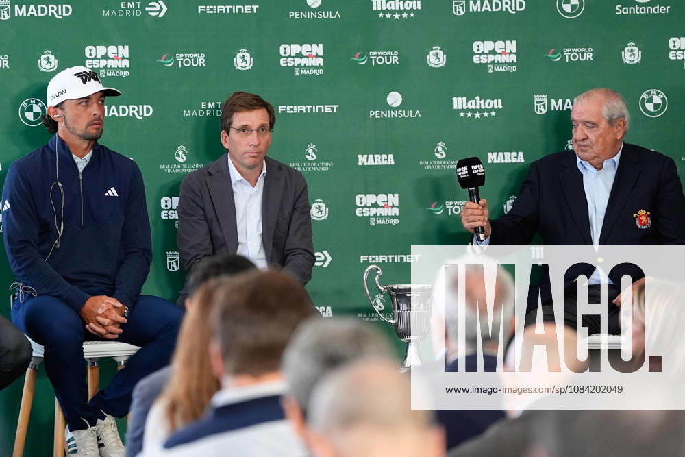 Marco Penge, Jose Luis Martinez-Almeida, Mayor of Madrid and Juan Guerrero-Burgos, Royal Spanish Golf Federation attend during the presentation of the Open de Espao±a 2026 presented by Madrid at the Real Club de Campo Villa de Madrid on October 06, 2026 in Madrid, Spain. Presentation Of The Open De Espao±A 2026 - ZUMAa181 20261006_zaa_a181_028