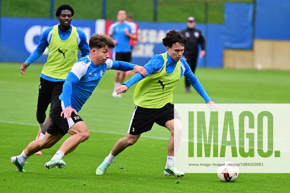 Soccer, Men s, 2nd Division Bundesliga, 2026–2027 Season, Holstein Kiel Practice, KSV Taisei Abe with the ball against Moritz Reimers Kiel, near Holstein Stadium Projensdorf, Training Center, Northern Schleswig-Holstein, Germany