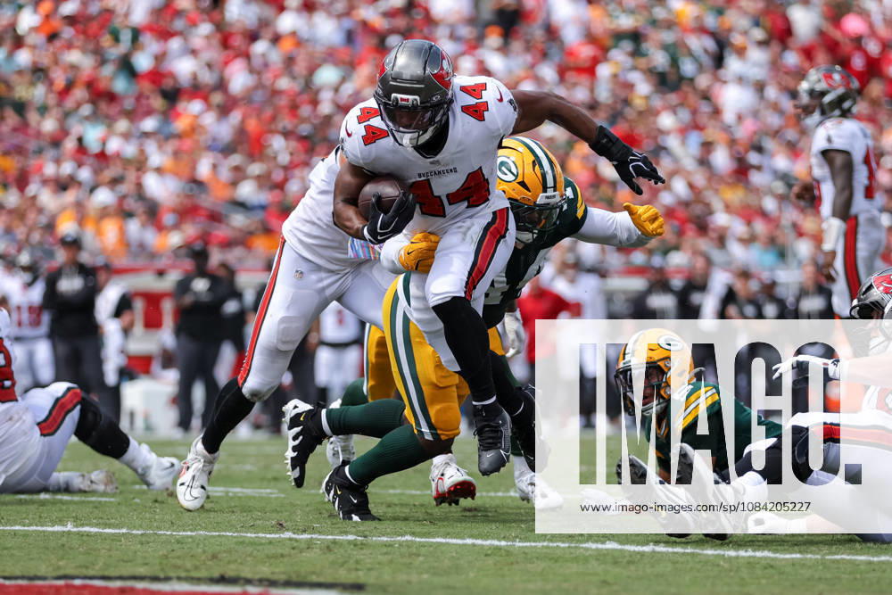 Oct 4, 2026; Tampa, FL, USA; Tampa Bay Buccaneers running back Sean Tucker (44) runs the ball for a touchdown during the NFL, American Football Herren, USA game between the Green Bay Packers and Tampa Bay Buccaneers at Raymond James Stadium. Mandatory Credit: Taylor McFee-Cal Media NFL 2026: Packers Vs Buccaneers OCT 04 - ZUMAc04_ 20261004_zma_c04_666