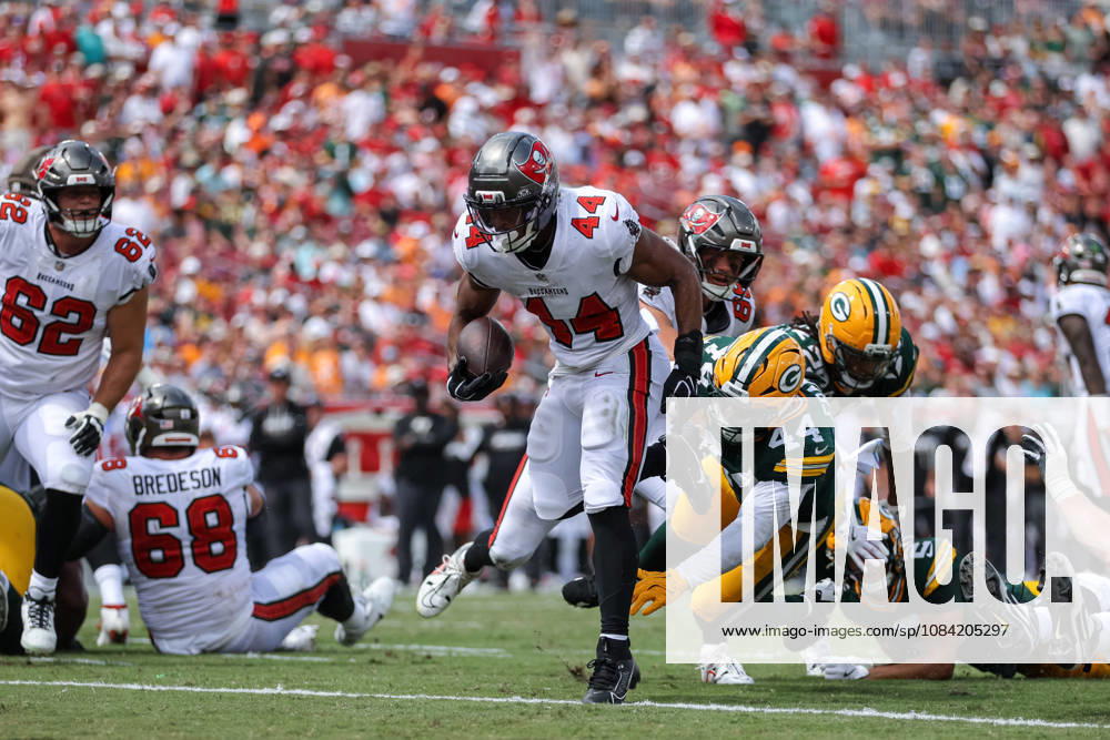 Oct 4, 2026; Tampa, FL, USA; Tampa Bay Buccaneers running back Sean Tucker (44) runs the ball for a touchdown during the NFL, American Football Herren, USA game between the Green Bay Packers and Tampa Bay Buccaneers at Raymond James Stadium. Mandatory Credit: Taylor McFee-Cal Media Tampa USA - ZUMAc04_ 20261004_zma_c04_665
