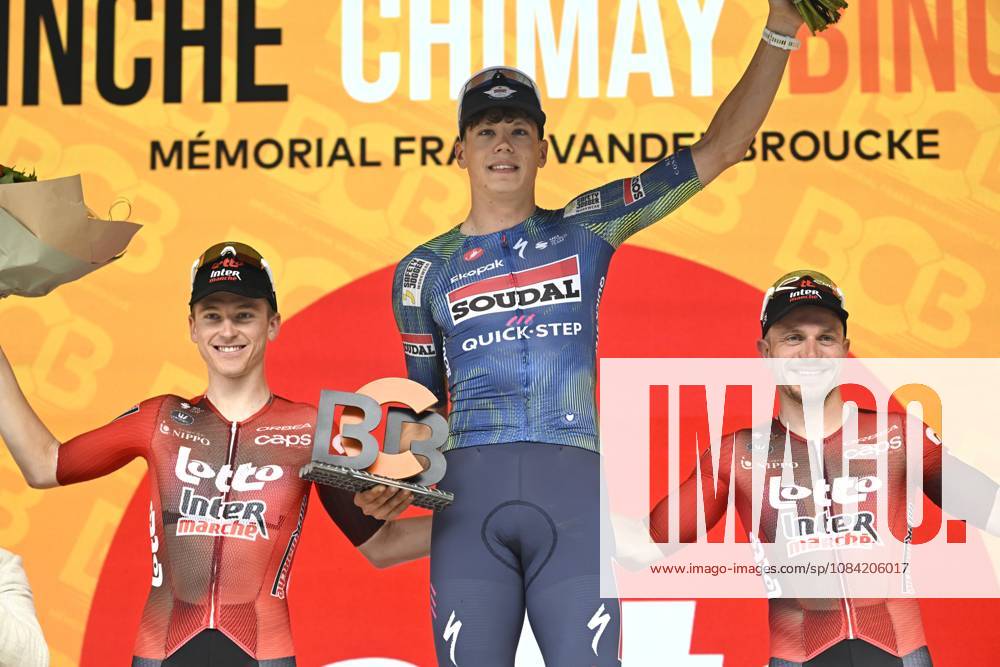 Binche Chimay Binche 2026 Cycling Race BINCHE, BELGIUM - OCTOBER 06 : Berckmoes Jenno (BEL) of Lotto - Intermarche, Magnier Paul (FRA) of Soudal Quick-Step and Taminiaux Lionel (BEL) of Lotto - Intermarche pictured during the podium ceremony of the 38th edition of Binche Chimay Binche an UCI Class 1.1 one day cycling road race for Men Elite of 206,8 km with start in Binche and finish in Binche on October 6, 2026 in Binche, Belgium, 06 10 2026 Binche Belgium