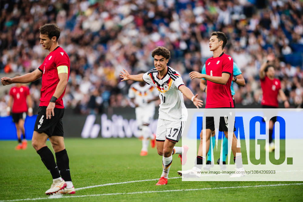 U-21 European Championship Qualifier: Germany vs. Georgia, October 6, 2026 – Goal Celebration: Noah Darvich (Germany), 17, 1–0 for Germany – Soccer, U-21 European Championship Qualifier, Matchday 10: Germany vs. Georgia on October 6, 2026, Bielefeld DFB REGULATIONS PROHIBIT ANY USE OF PHOTOGRAPHS AS IMAGE SEQUENCES AND OR QUASI-VIDEO