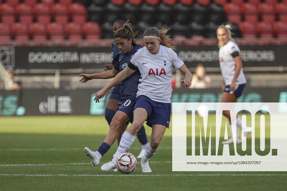 Signe Gaupset (8) of Tottenham Hotspur on the ball while Danielle van de Donk (10) of London City Lionesses during the Women’s Super League match at Brisbane Road Stadium, Leyton, on October 04, 2026 in London, England