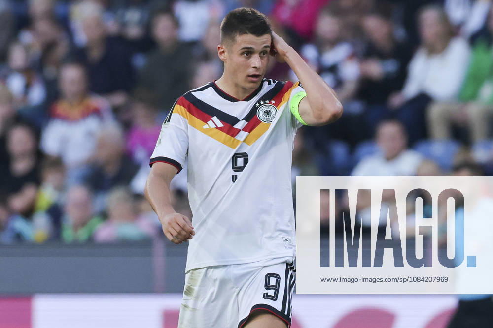 Nicolo Tresoldi of Germany looks dejected during the UEFA Under-21 EURO qualifier between Germany U21 and Georgia U21 at Almstadion on October 6, 2026, in Bielefeld, Germany. Photo by Marco Steinbrenner, DeFodi Images