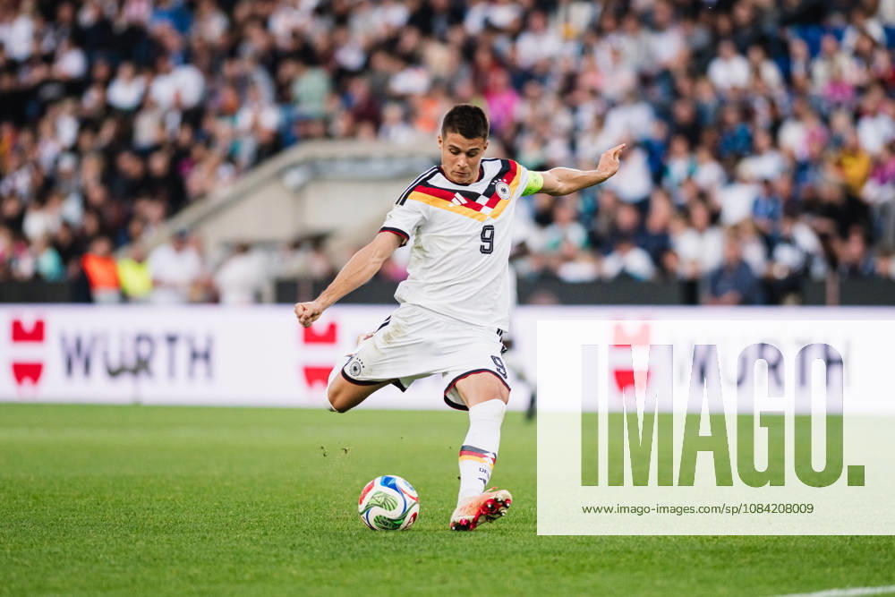 U-21 European Championship Qualifier: Germany vs. Georgia, October 6, 2026; Nicolò Tresoldi, Germany, 9, taking a soccer shot; U-21 European Championship Qualifier, Matchday 10: Germany vs. Georgia on October 6, 2026; Bielefeld DFB REGULATIONS PROHIBIT ANY USE OF PHOTOGRAPHS AS IMAGE SEQUENCES AND OR QUASI-VIDEO