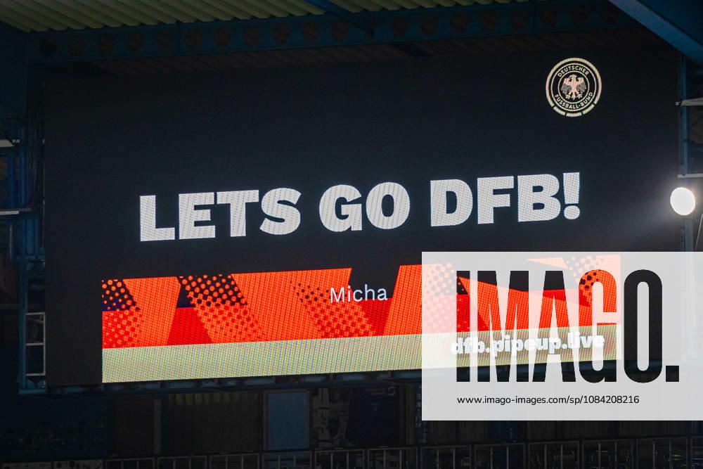 Scoreboard featuring a chant by Micha: LET S GO DFB GER, Germany (GER) vs. Georgia (GEO), soccer, UEFA U-21 European Championship Qualifiers, Group F, Matchday 13, 2026–2027 season, October 6, 2026 GER, Germany GER vs. Georgia GEO, soccer, UEFA U21 European Championship Qualifiers, Group F, Matchday 13, 2026–2027 season, October 6, 2026, Bielefeld