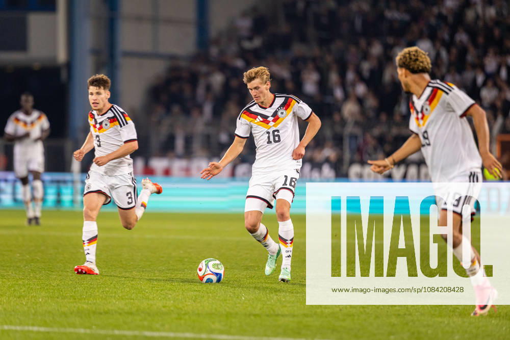 L R Lukas Ullrich, Germany U21, 03; Aljoscha Kemlein, Germany U21, 16, on the ball; Paris Brunner, Germany U21, 19, GER; Germany (GER) vs. Georgia (GEO), soccer, UEFA U21 European Championship Qualifiers, Group F, Matchday 13, 2026–2027 season, October 6, 2026 GER, Germany GER vs. Georgia GEO, soccer, UEFA U21 European Championship Qualifiers, Group F, Matchday 13, 2026–2027 season, October 6, 2026, Bielefeld