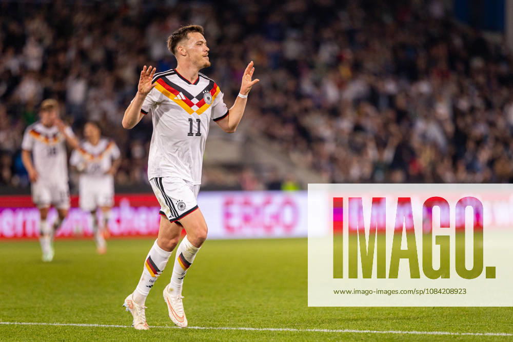 Dzenan Pejcinovic, Germany U21, No. 11, celebrates the goal that made it 2–0 for GER; Germany (GER) vs. Georgia (GEO), soccer, UEFA U21 European Championship Qualifiers, Group F, Matchday 13, 2026–2027 season, October 6, 2026 GER, Germany GER vs. Georgia GEO, soccer, UEFA U21 European Championship Qualifiers, Group F, Matchday 13, 2026–2027 season, October 6, 2026, Bielefeld