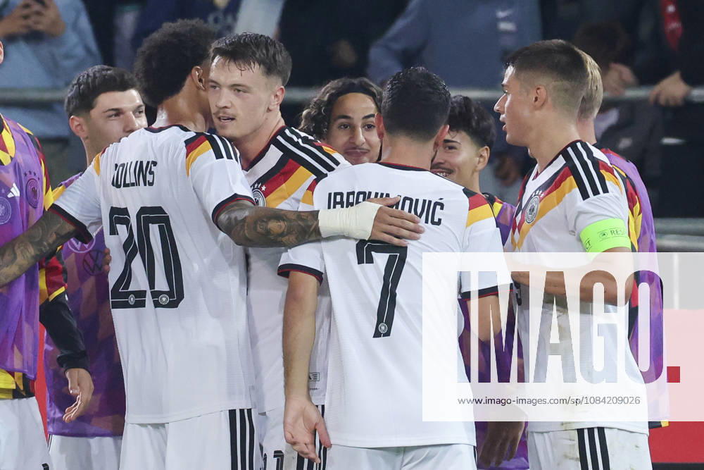 Dzenan Pejcinovic of Germany celebrates his goal with his teammates during the UEFA Under-21 EURO qualifier between Germany U21 and Georgia U21 at Almstadion on October 6, 2026, in Bielefeld, Germany. Photo by Marco Steinbrenner, DeFodi Images