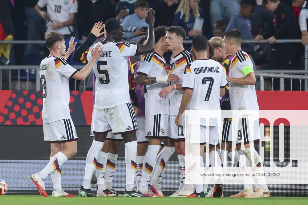 Dzenan Pejcinovic of Germany celebrates his goal with his teammates during the UEFA Under-21 EURO qualifier between Germany U21 and Georgia U21 at Almstadion on October 6, 2026, in Bielefeld, Germany. Photo by Marco Steinbrenner, DeFodi Images