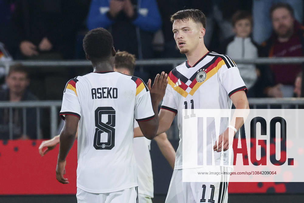 Dzenan Pejcinovic of Germany celebrates after scoring his team s second goal alongside Noel Aseko of Germany during the UEFA Under-21 EURO qualifier between Germany U-21 and Georgia U-21 at Almstadion on October 6, 2026, in Bielefeld, Germany. Photo by Marco Steinbrenner, DeFodi Images