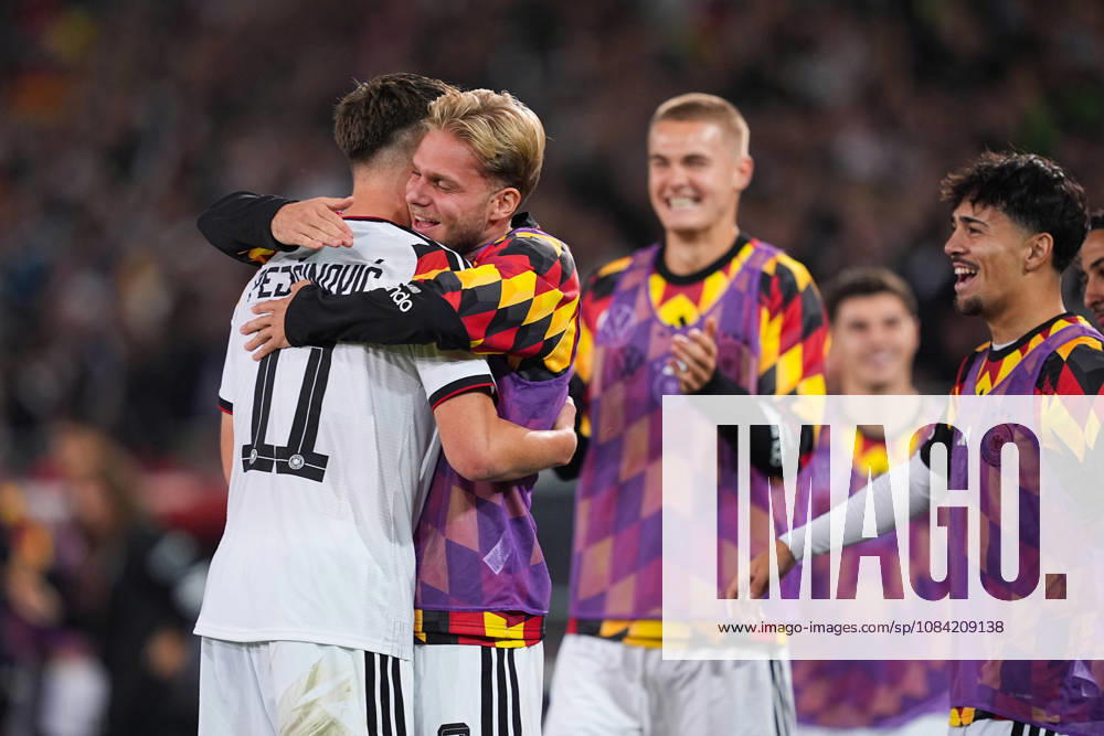 Men s, Soccer, International Match, U21, European Championship Qualifiers, Germany vs. Georgia, 2026–2027 Season, Schüco Arena: Celebration after Germany’s 2–0 goal scored by Dzenan Pejcinovic (GER, 11) alongside Leandro Morgalla (GER, 6). DFB regulations prohibit any use of photographs as image sequences and or quasi-video.