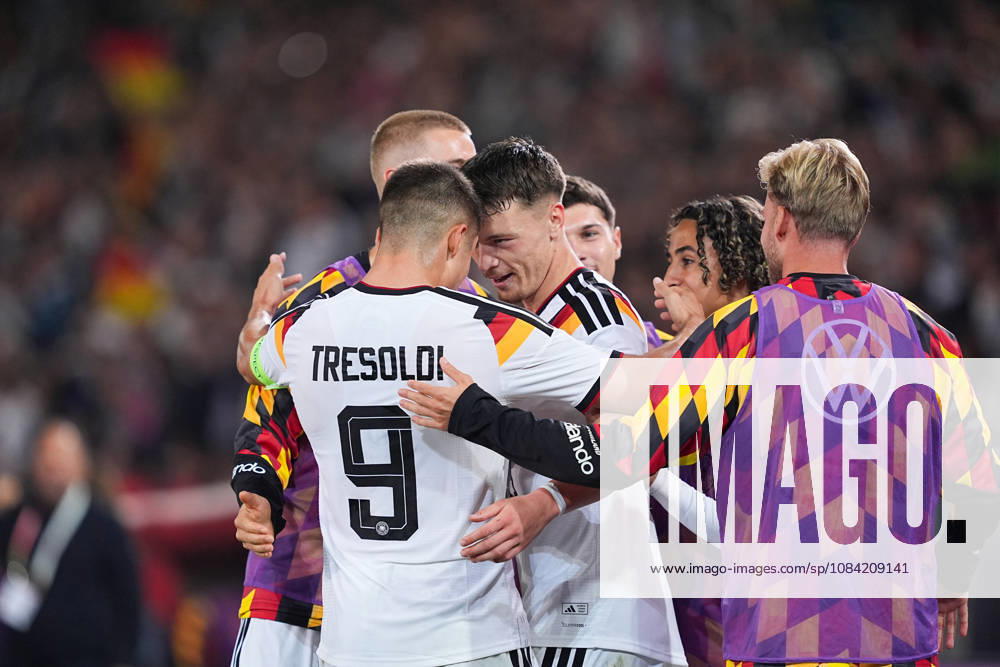 Men s, Soccer, International Match, U21, European Championship Qualifiers, Germany vs. Georgia, 2026–2027 Season, Schüco Arena: Celebration after Germany’s 2–0 goal scored by Dzenan Pejcinovic (GER), No. 11, together with Nicolo Tresoldi (GER), No. 9. DFB regulations prohibit any use of photographs as image sequences and or quasi-video.