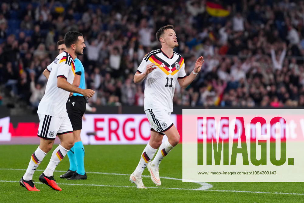 Men s, Soccer, International Match, U21, European Championship Qualifiers, Germany vs. Georgia, 2026–2027 Season, Schüco Arena: Celebrations after Germany’s 2–0 goal scored by Dzenan Pejcinovic (GER), No. 11, together with Arijon Ibrahimovic (GER), No. 7. DFB regulations prohibit any use of photographs as image sequences and or quasi-video.