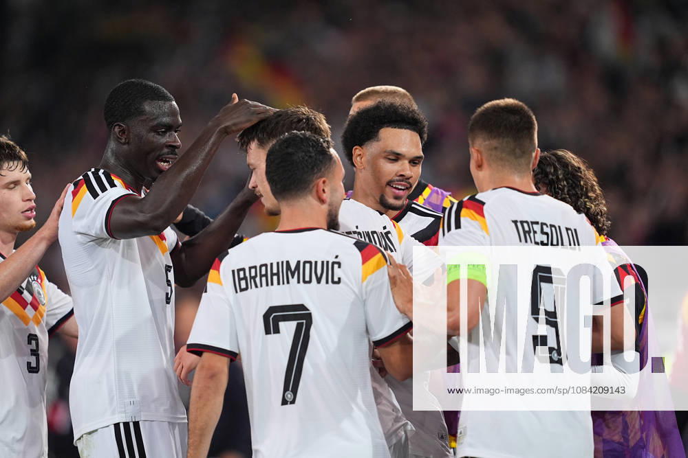 Men s, Soccer, International Match, U21, European Championship Qualifiers, Germany vs. Georgia, 2026–2027 Season, Schüco Arena: Goal celebration after Germany’s 2–0 goal scored by Dzenan Pejcinovic (GER), 11, along with Nicolo Tresoldi (GER), 9, Arijon Ibrahimovic (GER), 7, and Joshua Quarshie (GER), 5. DFB regulations prohibit any use of photographs as image sequences and or quasi-video.