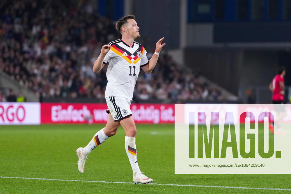 Men s, Soccer, International Match, U21, European Championship Qualifiers, Germany vs. Georgia, 2026–2027 Season, Schüco Arena: Celebrations after Germany’s 2–0 goal scored by Dzenan Pejcinovic (GER), 11. DFB regulations prohibit any use of photographs as image sequences and or quasi-video