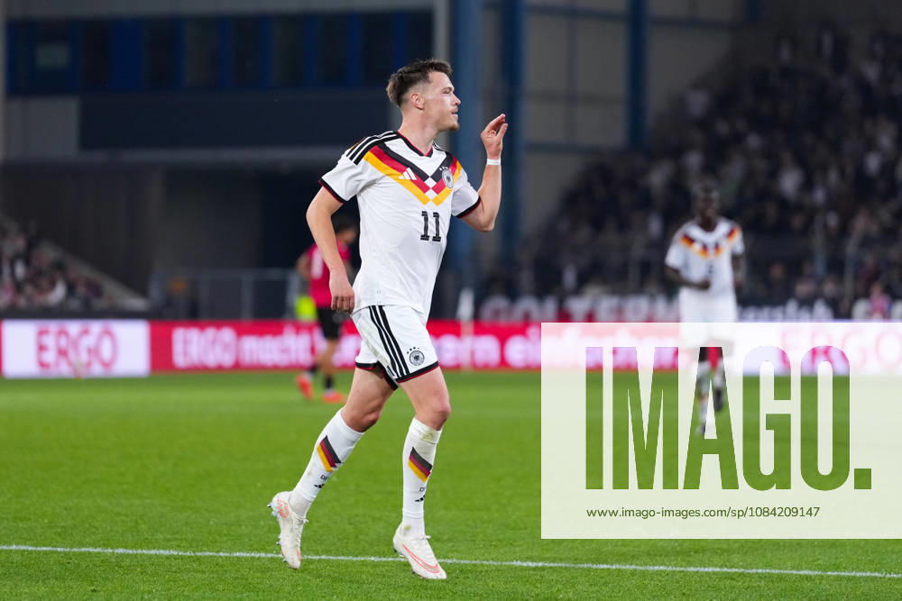 Men s, Soccer, International Match, U21, European Championship Qualifiers, Germany vs. Georgia, 2026–2027 Season, Schüco Arena: Celebrations after Germany’s 2–0 goal scored by Dzenan Pejcinovic (GER), 11. DFB regulations prohibit any use of photographs as image sequences and or quasi-video