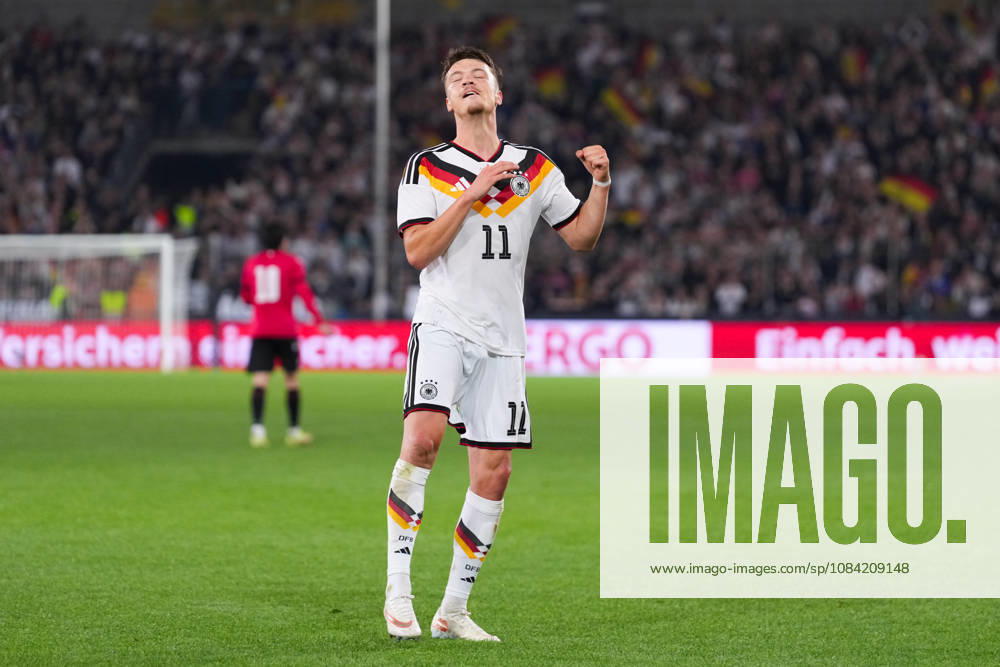 Men s, Soccer, International Match, U21, European Championship Qualifiers, Germany vs. Georgia, 2026–2027 Season, Schüco Arena: Celebrations after Germany’s 2–0 goal scored by Dzenan Pejcinovic (GER), 11. DFB regulations prohibit any use of photographs as image sequences and or quasi-video
