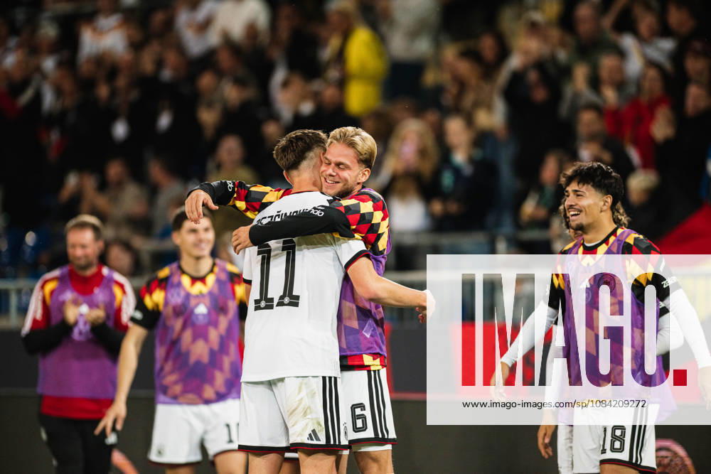 U-21 European Championship Qualifier: Germany vs. Georgia, October 6, 2026 – Goal, celebration of the 2-0 lead by Dženan PejcInovic, Germany, 11, pictured here with Leandro Morgalla, Germany, 6; soccer, U-21 European Championship Qualifiers, Matchday 10: Germany vs. Georgia on October 6, 2026, Bielefeld DFB REGULATIONS PROHIBIT ANY USE OF PHOTOGRAPHS AS IMAGE SEQUENCES AND OR QUASI-VIDEO