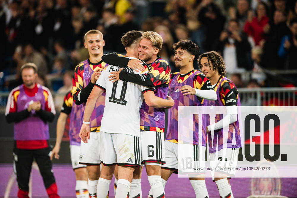 U-21 European Championship Qualifier: Germany vs. Georgia, October 6, 2026 – Goal, celebration of the 2-0 lead by Dženan PejcInovic, Germany, 11, pictured here with Leandro Morgalla, Germany, 6; soccer, U-21 European Championship Qualifiers, Matchday 10: Germany vs. Georgia on October 6, 2026, Bielefeld DFB REGULATIONS PROHIBIT ANY USE OF PHOTOGRAPHS AS IMAGE SEQUENCES AND OR QUASI-VIDEO